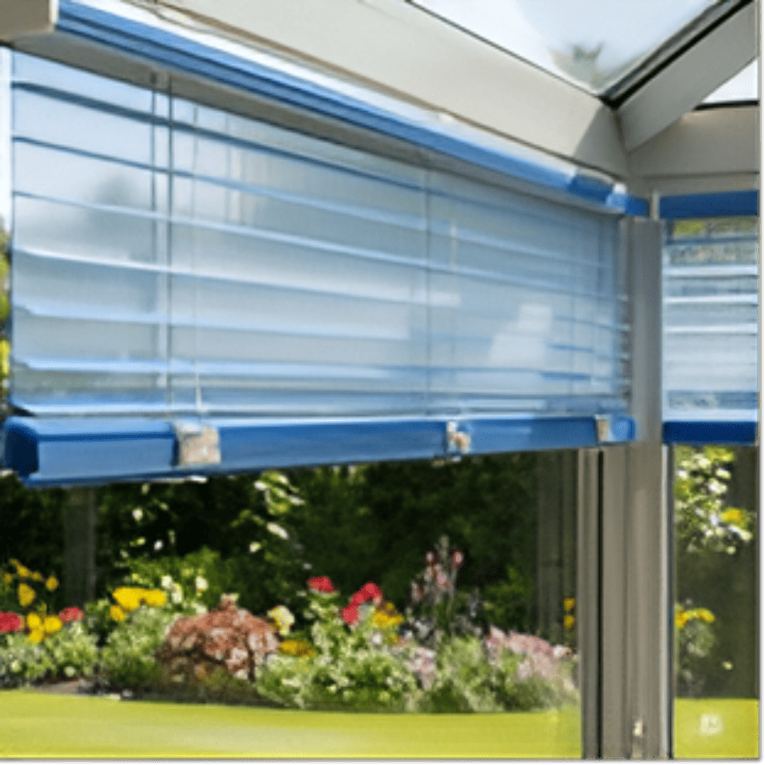 Transparent PVC blinds with a slight blue tint are rolled up to the top, allowing a clear view of a lush green garden outside with various plants and colorful flowers. 