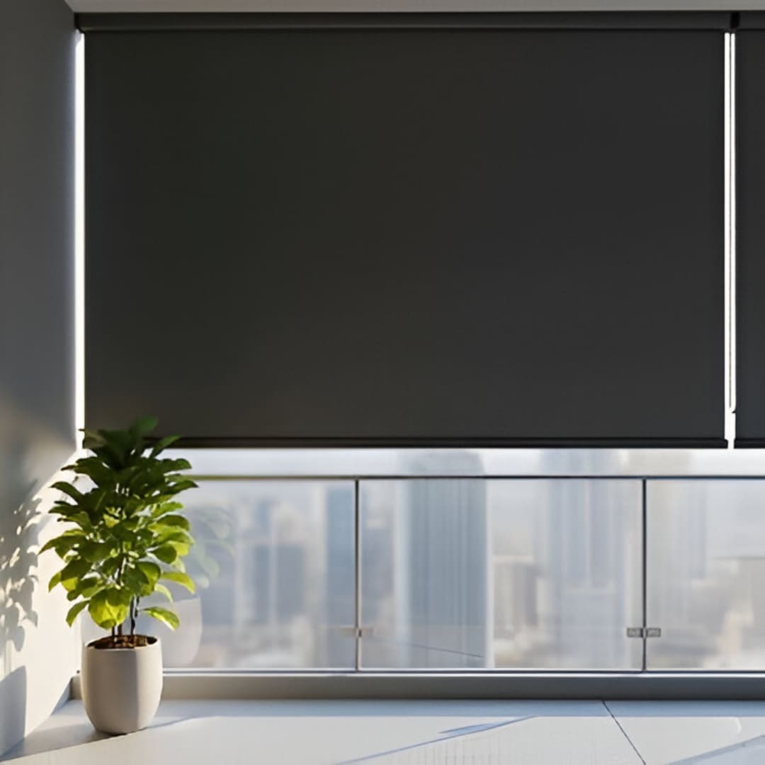 A close-up of a window with blackout PVC blinds fully closed, showing the opaque, matte black slats that interlock to block out all light.