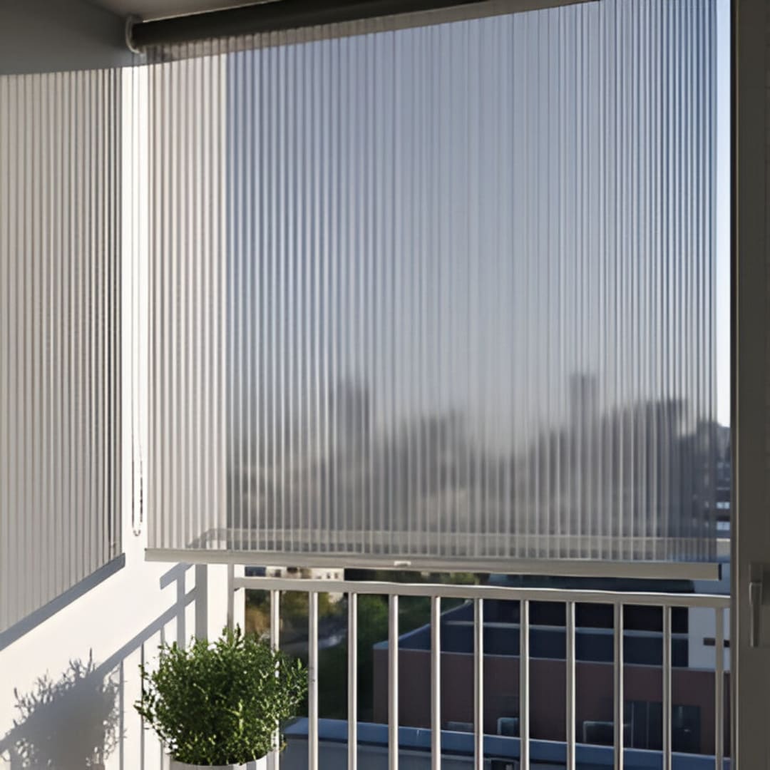 A modern apartment balcony with a translucent gray PVC roller blind, providing a a clear view of the city while reducing harsh sunlight.