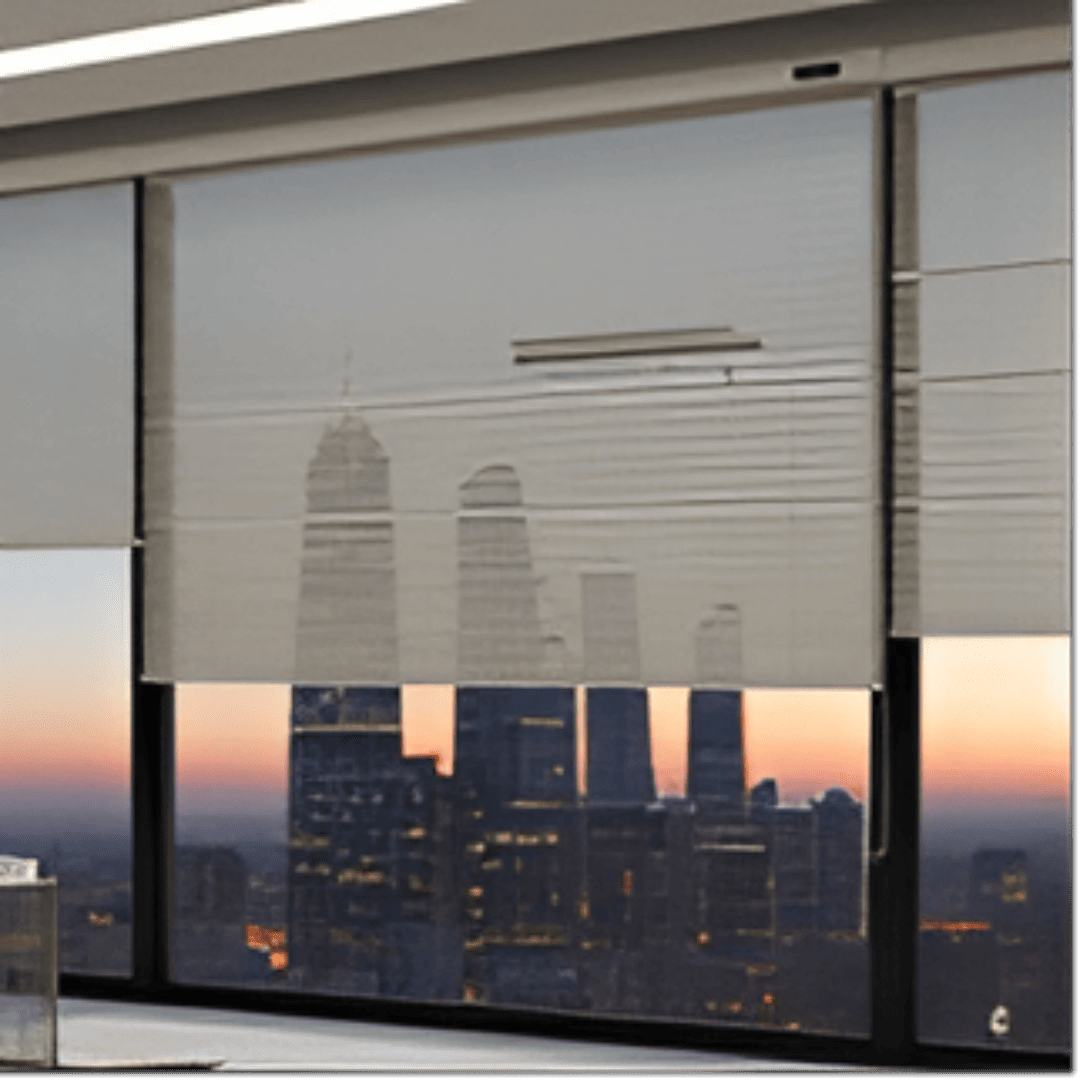 Motorised PVC blinds are partially lowered on a large window overlooking a city skyline at sunset. The blinds are a neutral beige, and the motor mechanism is discreetly integrated into the top. 