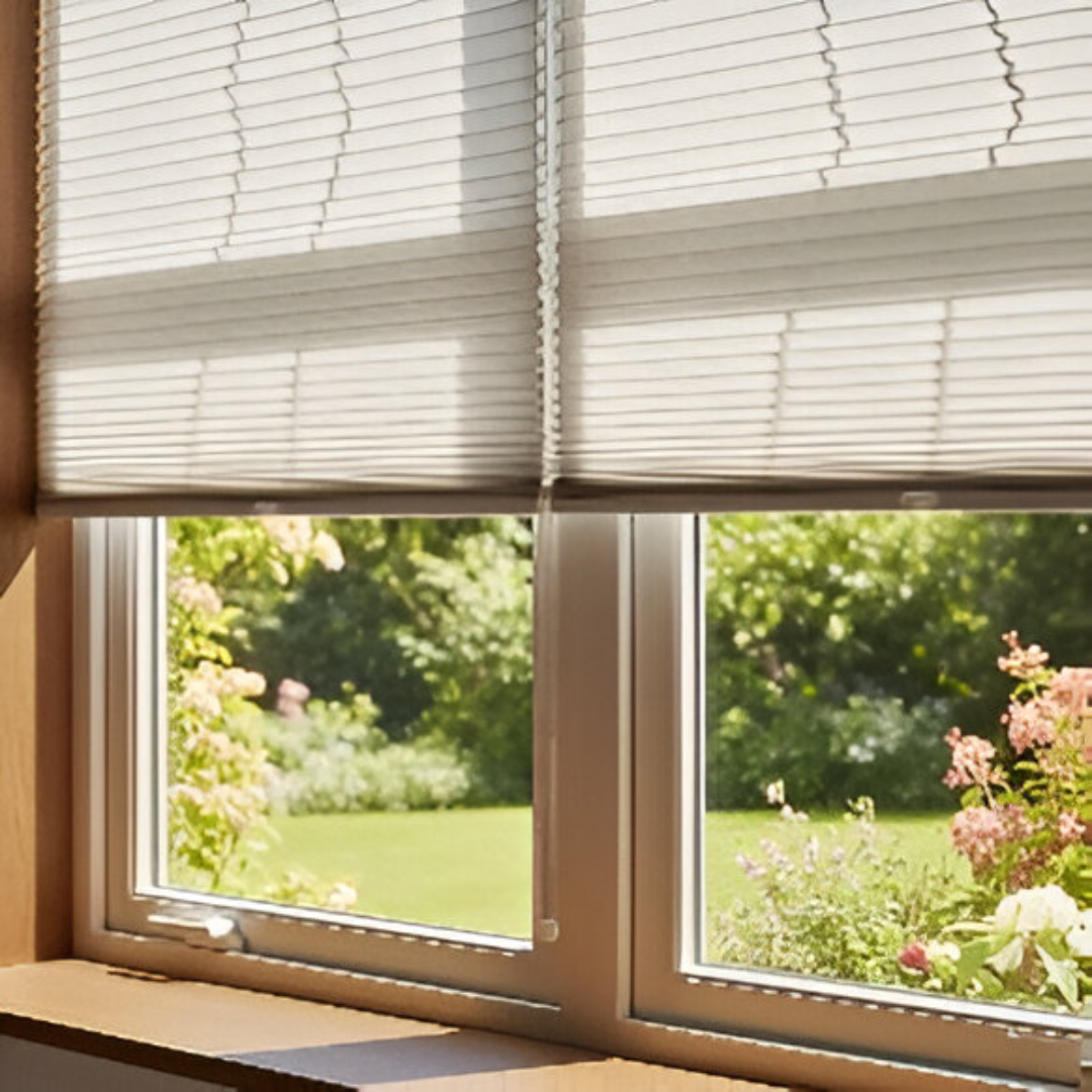 Close-up of a double-hung window with beige, light-filtering honeycomb blinds partially drawn. Sunlight streams through the top, casting soft shadows on the blinds' cellular structure, while the bottom of the window reveals a bright, sun-drenched garden with lush greenery and pink flowers.