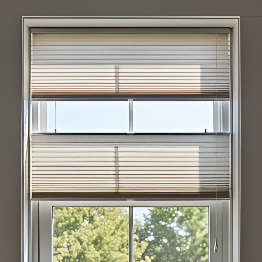 A top-down/bottom-up cellular blind in a neutral tone is shown inside a window frame. The blind is lowered from the top and raised from the bottom, creating a central open section that provides light and a view of trees while maintaining privacy on the upper and lower portions.