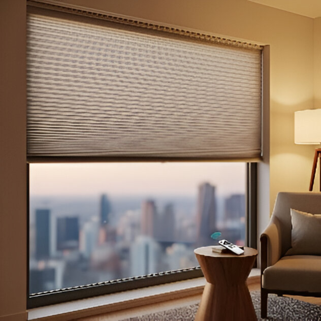 Beige motorised honeycomb blinds are drawn halfway down a large window, with a remote control placed on a side table. The bottom half of the window offers a blurred view of a city skyline at sunset. The room is dimly lit, with a cosy armchair and a soft lamp in the corner.