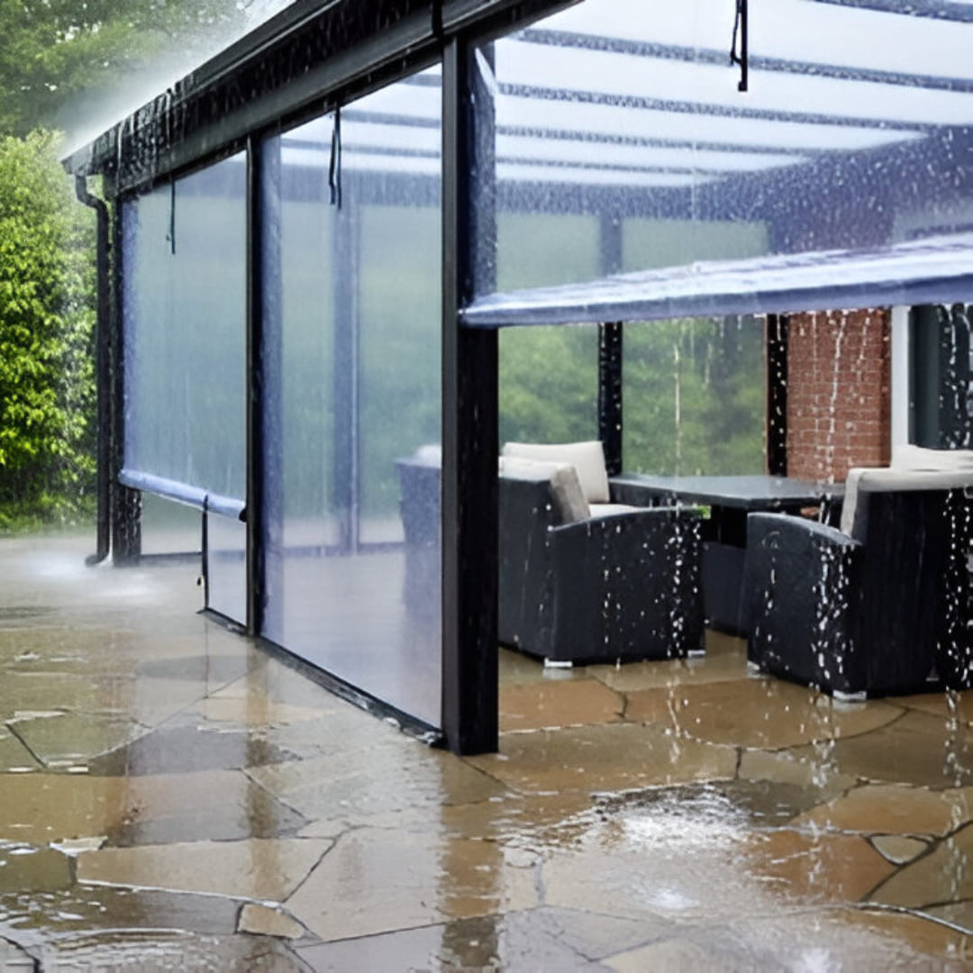 A contemporary patio with a wooden pergola, protected by fully extended roller monsoon blinds that shield it from heavy rain while maintaining a view of the lush green garden.