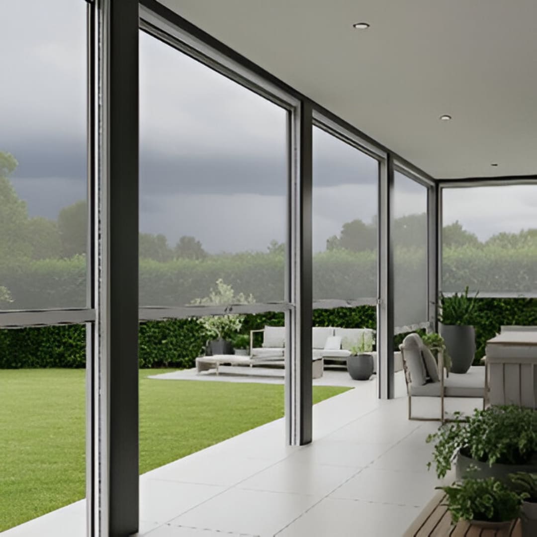 An outdoor patio with Zip Track monsoon blinds, showing the sleek side channels that provide a taut, gap-free enclosure while offering a clear view of the garden.