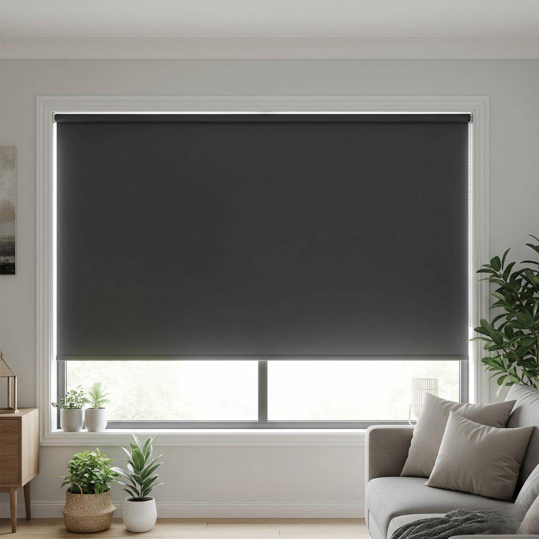 Dark grey blockout roller blind fully closed on a window in a Bengaluru home, providing complete darkness.