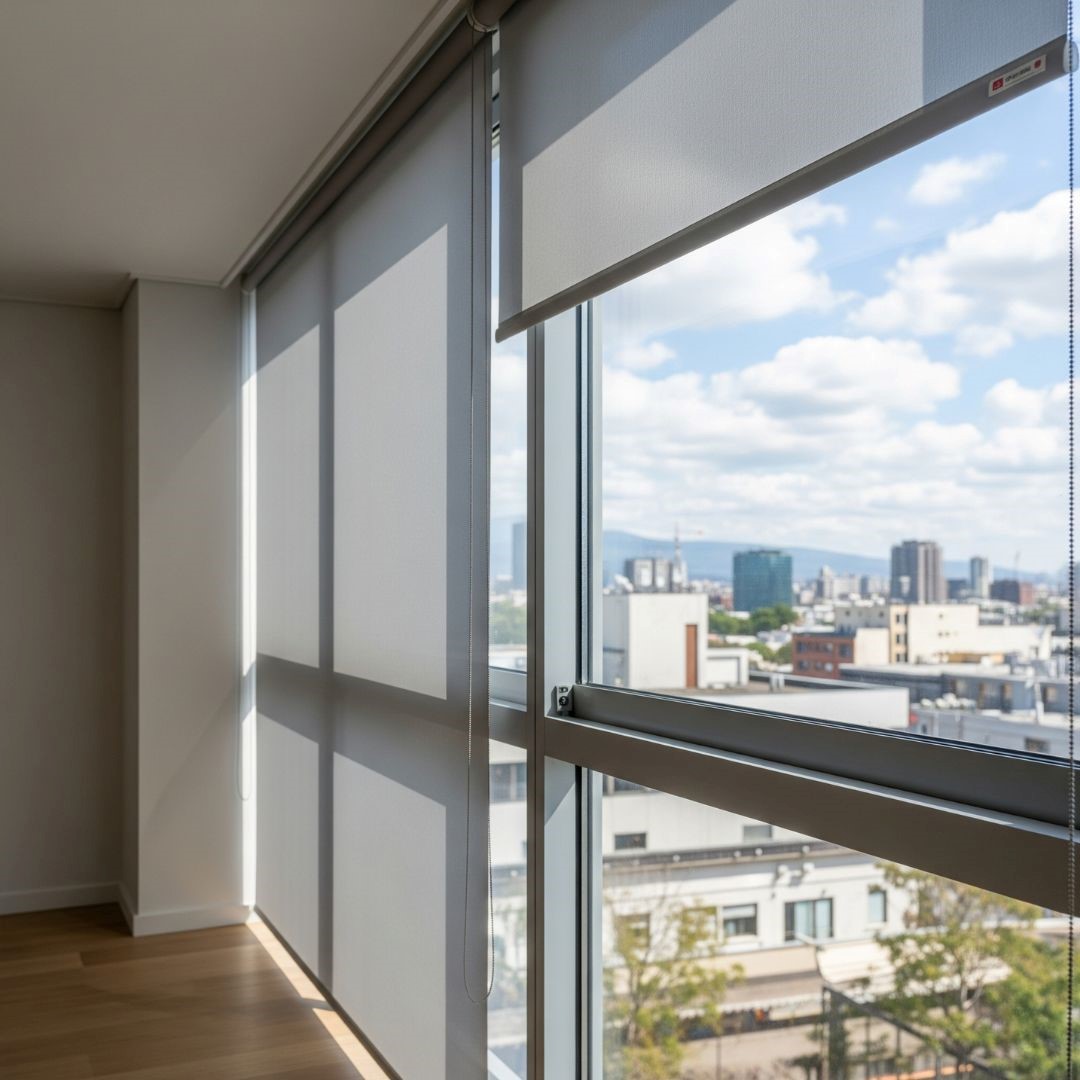 Light grey sunscreen roller blinds lowered in a Bengaluru office, reducing glare while allowing a view of the city.