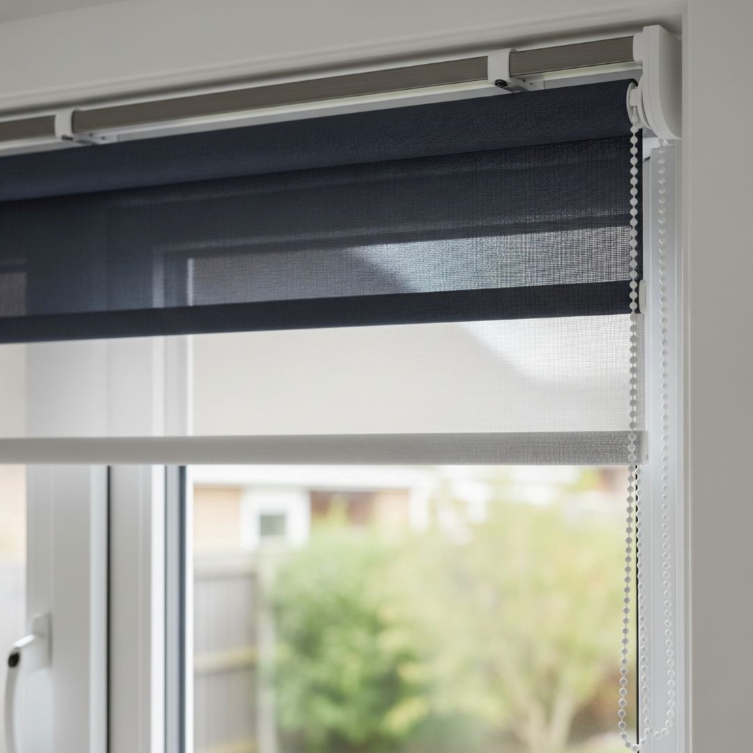 Double roller blinds installed on a window in a Bengaluru home, with a light mesh fabric partially covering the window and a darker solid fabric above.