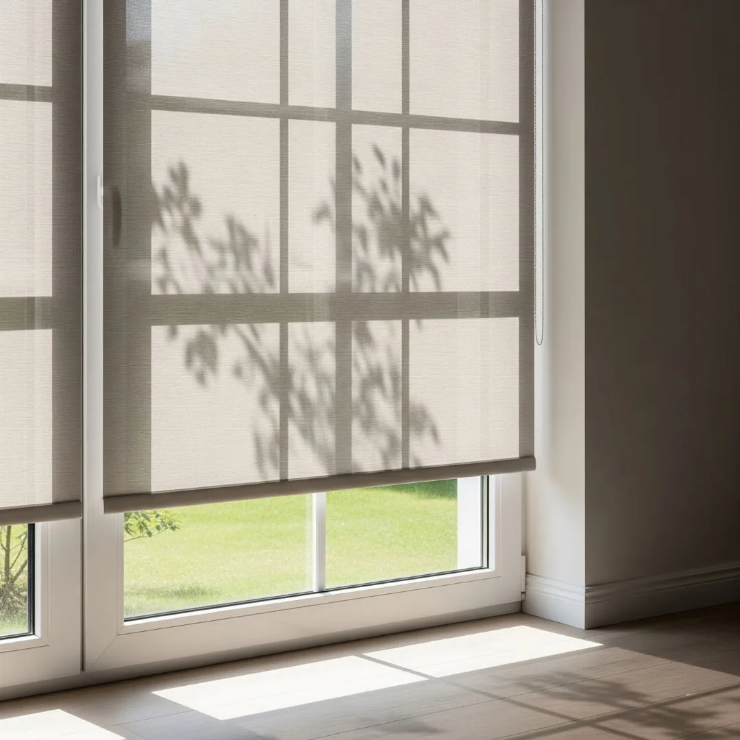 Translucent light-filtering roller blinds partially drawn on a window in a Bengaluru living room, allowing soft light and maintaining privacy.