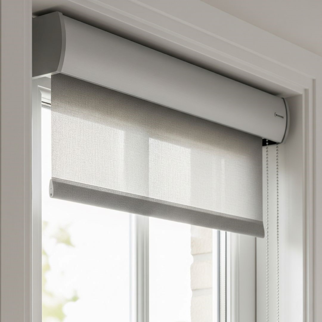Grey cassette roller blind partially lowered on a window in a contemporary Bengaluru interior, showing the concealed top mechanism.