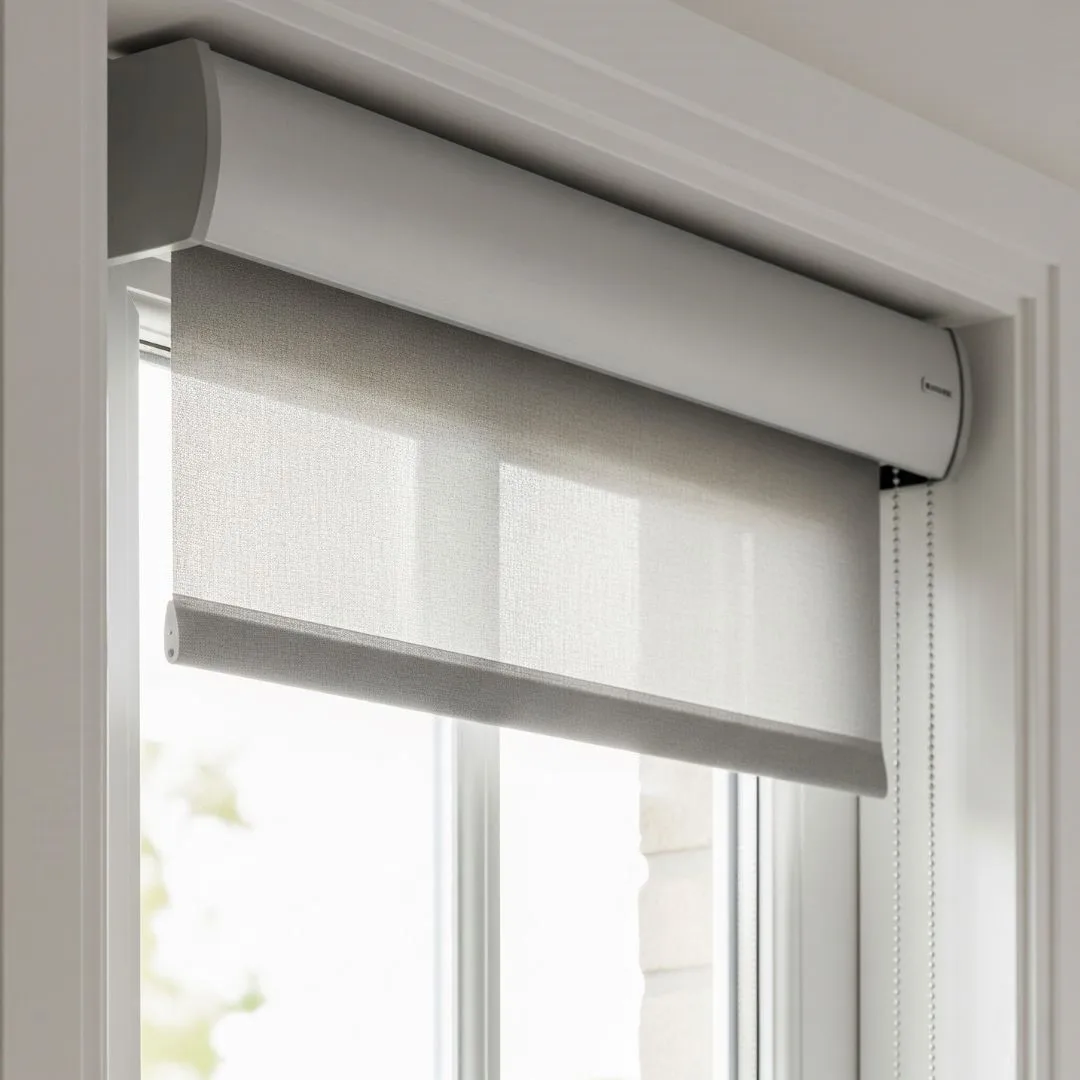 Grey cassette roller blind partially lowered on a window in a contemporary Bengaluru interior, showing the concealed top mechanism.