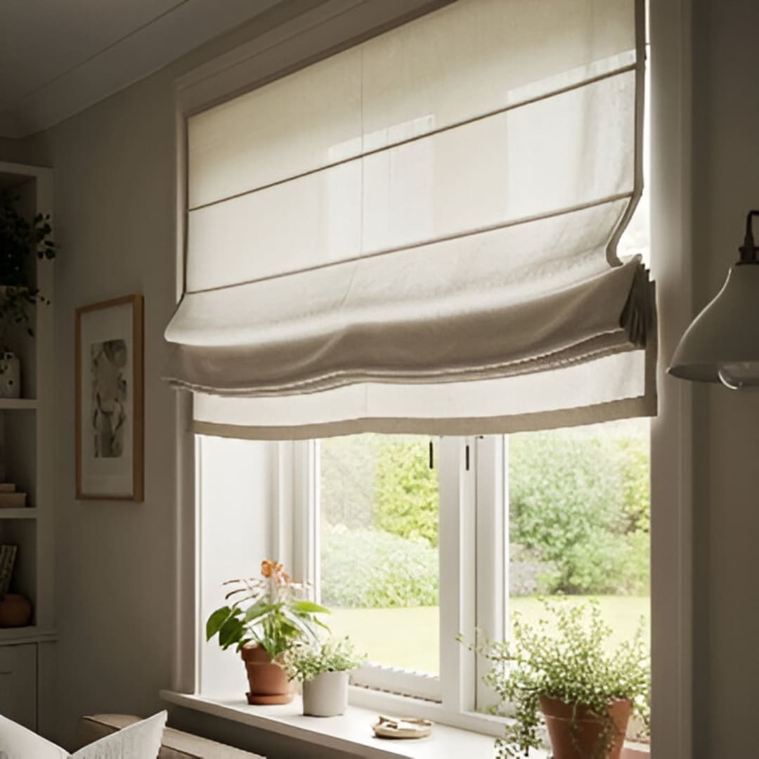 A window with relaxed style Roman blinds in a natural off-white linen. The blinds feature a soft, casual drape at the bottom, giving the room a comfortable and informal feel.