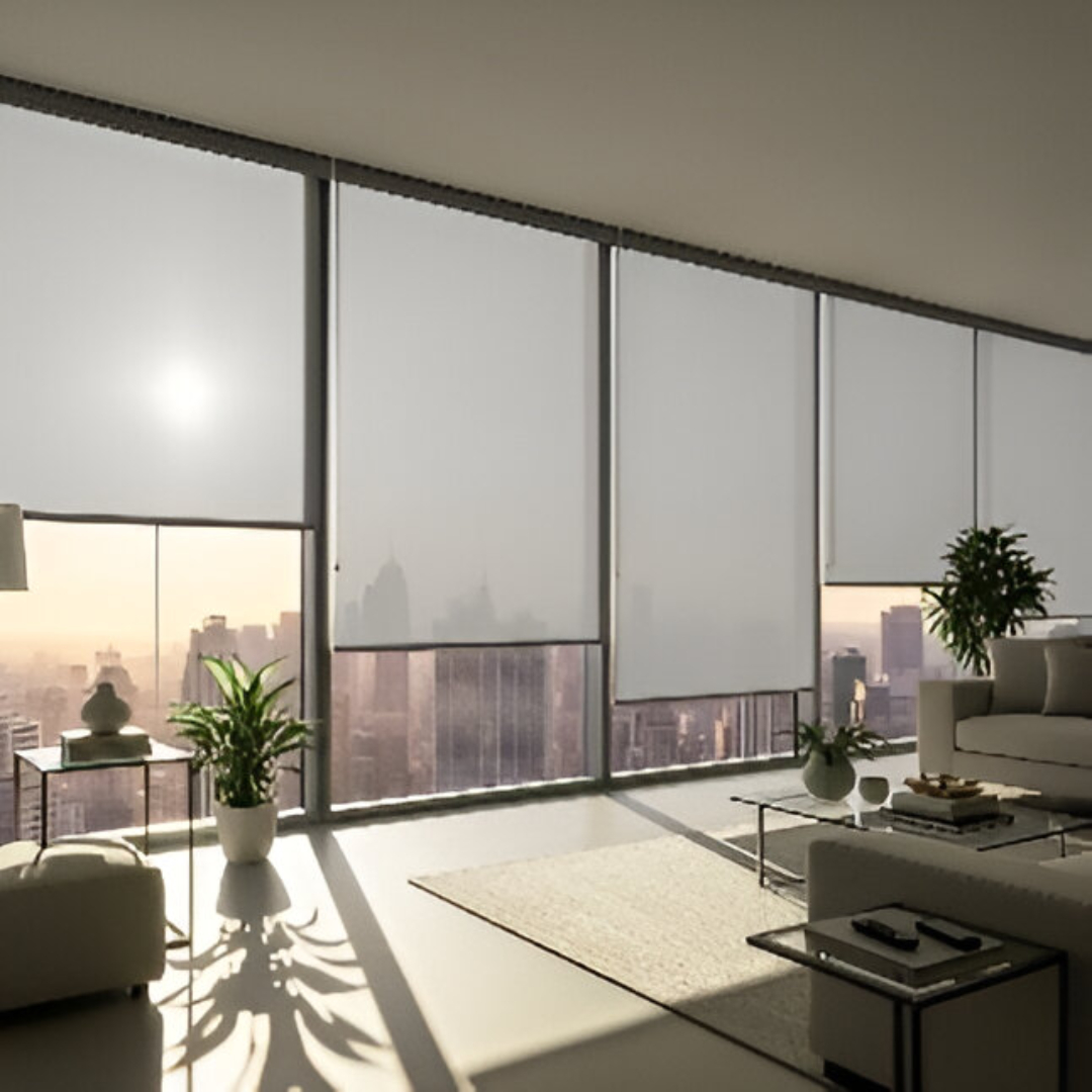 A modern living room with large windows overlooking a city skyline at sunset. Motorised sheer shades are in various states of opening and closing, revealing the city view.