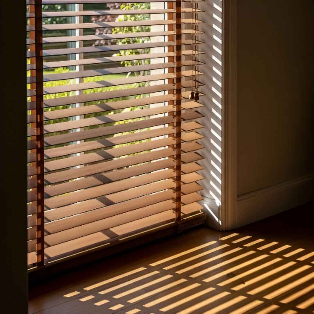A sunlit window with natural hardwood blinds that have broad, flat slats. Sunlight streams through the slats, creating a pattern of light and shadow on the floor.