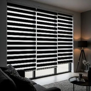 A dimly lit living room with blackout zebra blinds on a window. The blinds are fully closed, with opaque black and white stripes overlapping to block out all light completely.